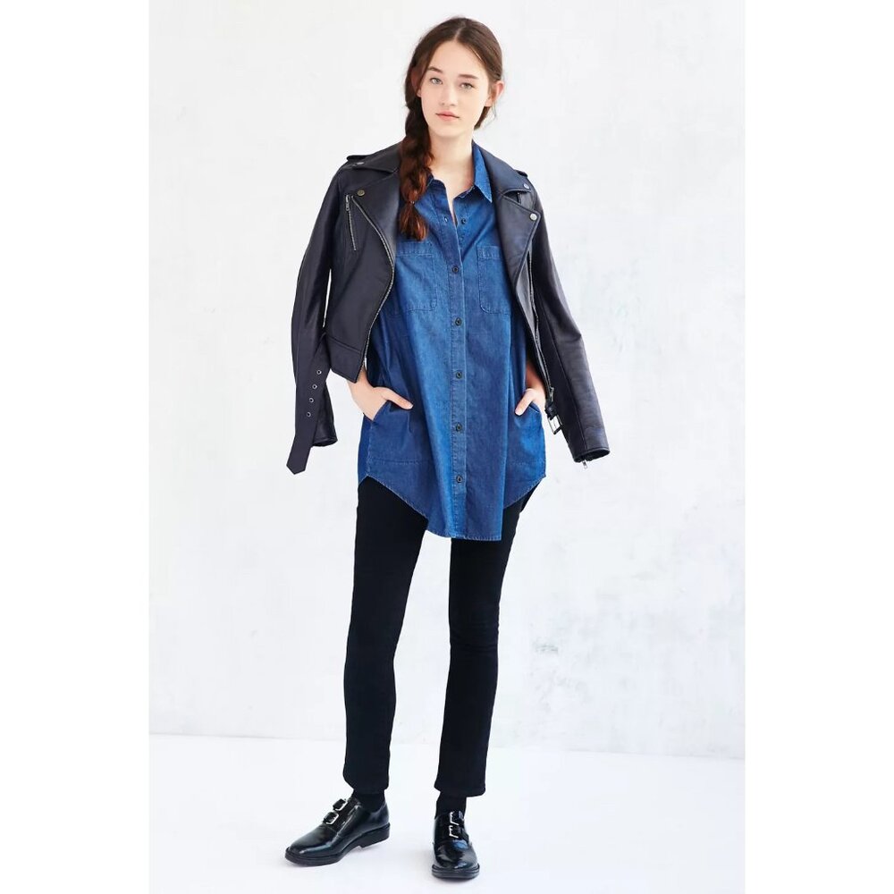 URBAN OUTFITTERS x UNIF Oversized Denim Button-Down Tunic Shirt (Blue, S)
